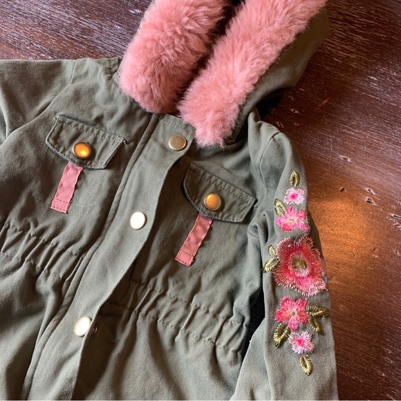 3/$12 Green Denim Jacket with Pink Floral Embroidery - Picture 3 of 6
